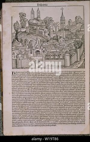 HISPANIA - PAGINA DEL LIBER CHRONICARUM O CRONICA DE NÜRNBERG - IMPRESO EN 1493 - INCUNABLE. Autor: Hartmann Schedel. Lage: SENADO - BIBLIOTECA - coleccion. MADRID. Stockfoto