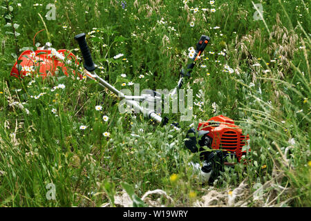 Benzin string Trimmer liegt im Gras. Stockfoto