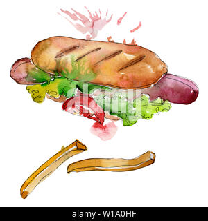 Hot Dog fast food isoliert. Aquarell Hintergrund Abbildung. Isolierte snack Abbildung Element. Stockfoto