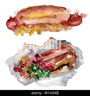 Hot Dog fast food isoliert. Aquarell Hintergrund Abbildung. Isolierte snack Abbildung Element. Stockfoto