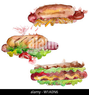 Hot Dog fast food isoliert. Aquarell Hintergrund Abbildung. Isolierte snack Abbildung Element. Stockfoto