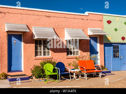 Blaue Schwalbe Motel an der historischen Route 66, Santa Fe, New Mexico, USA Stockfoto