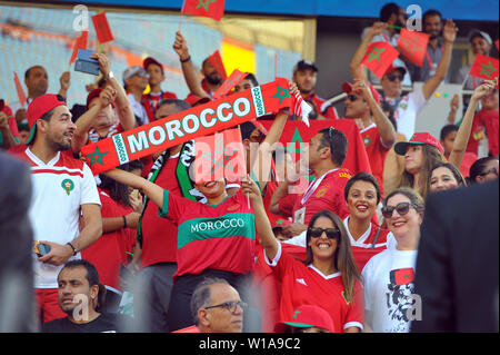 Kairo, Ägypten. 1. Juli 2019. Unterstützer von Marokko während des Spiels Südafrika vs Marokko der gesamten Afrika Cup Ägypten 2019 an der Al Salam Stadion in Cair. Credit: Chokri Mahjoub/ZUMA Draht/Alamy leben Nachrichten Stockfoto