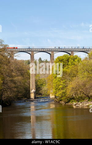 Suchen entlang des Flusses Dee in Richtung Thomas Telford erbaute Pontcysyllte Aquädukt. Jetzt ein Welterbe Struktur Stockfoto