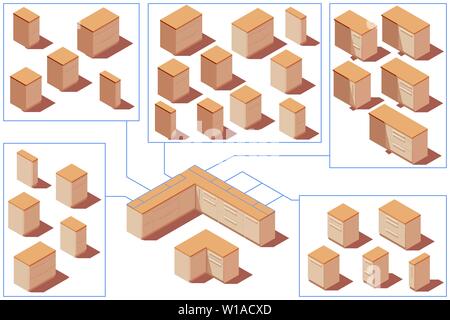 Low Poly Vektor isometrische Küche Hochschränke Stock Vektor