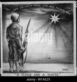 Ein VERSPRECHEN UND EIN GEBET - und Friede auf Erden, an den Menschen; Umfang und Inhalt: Schwarz Soldat und Thema Weihnachten - mit Bildunterschrift. Stockfoto