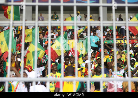 Kairo, Ägypten. 01. Juli, 2019. Senegal Fans jubeln in der steht während der 2019 Afrika Cup Gruppe C Fußballspiel zwischen Kenia und Senegal am 30. Juni Stadion. Credit: gehad Hamdy/dpa/Alamy leben Nachrichten Stockfoto