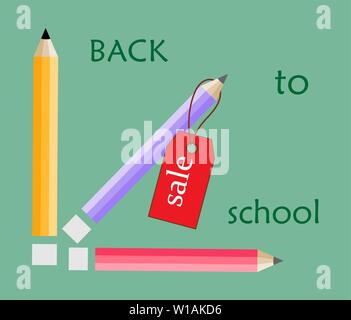 Zurück zu Schule. Vektor compocition mit bunten Schule pensils und roten Verkauf teg in weißen Hintergrund. Stock Vektor