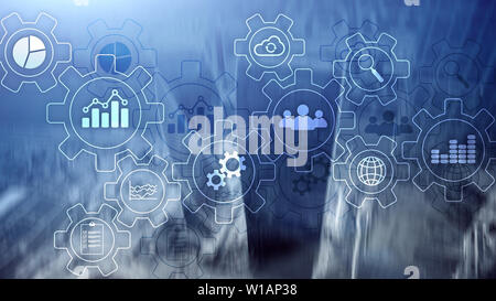 Business Process abstract Diagramm mit Getrieben und Symbole. Workflow- und Automatisierungstechnik Konzept. Stockfoto