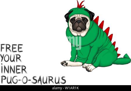 Hand gezeichnet vector Abbildung: mops Hund gekleidet in Dinosaurier Kostüm mit Text frei, ihre inneren pug o Saurus, isoliert Stock Vektor