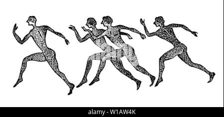 Griechische Marathonläufer im Vintage Style. Eine Gruppe von aktiven Menschen in Griechenland. Das Konzept der Sport Spiele. Die griechische Kultur. Hand graviert Skizze Stock Vektor