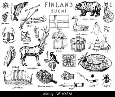 Symbole von Finnland im Vintage Style. Doodle Skizze mit traditionellen Zeichen. Skandinavische Kultur, nationale Unterhaltung in einem europäischen Land. Tiere Stock Vektor