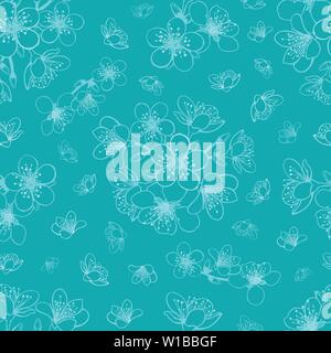 Vektor blau Cyan Kirschblüte Sakura Blumen nahtlose Muster Hintergrund. Stock Vektor