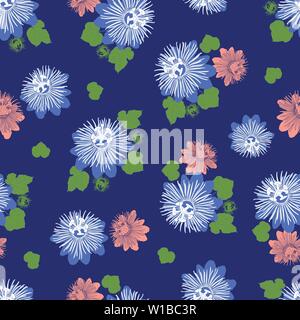 Vektor Indigo blau nahtlose Muster mit Blättern und Wildblume. Geeignet für Textil, Geschenkpapier und Tapeten. Stock Vektor