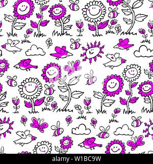 Vektor schwarz und weiß mit magenta Cartoon Sonnenblumen, Vögel und Bienen wiederholen Muster. Geeignet für Geschenkpapier, Textil und Tapeten. Stock Vektor