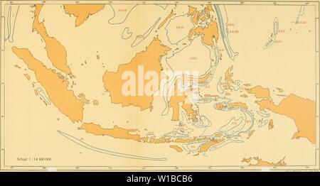 Archiv Bild ab Seite 366 von De zeeën van Nederlandsch Oost-Indië. De zeeÃ" n van Nederlandsch Oost-Indi Ã". dezeenvanneder 00 koni Jahr: 1922 ZeeÃ" n Van Oost-lndiÃ Nederlandsch" / Tür G A.F. Molengraaff NAAM Kaart III DER BEKKENS DE BEKKENVORM WORDT OP DE DIEPZEEKAART BEHEERSCHT TÜR DE iSOBAATH VAN: Ich Andamanen bekken // Mentawei bekken III Java trog IV Timor trog l'Kei trog VI bekken Savoe Ceram-Aroe trog VII VIII Wetter trog IX Flores bekken. Y Saleyer trog XI Bneton trog XII Noordwest Banda bekken von Soela Zee. XIII Centrale Banda Banda bekken bekken XIV Oost met Weber - Diep. XV. Stockfoto