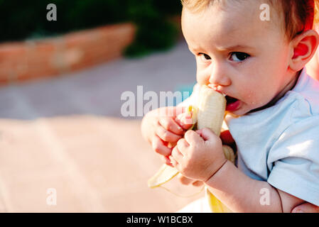 6 Monate altes Baby isst eine Banane halten es selbst an der Kamera auf der Suche Stockfoto