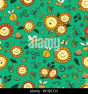 Vektor bunte Sonnenblumen und Bienen wiederholen Muster mit grünem Hintergrund. Geeignet für Geschenkpapier, Textil und Tapeten. Stock Vektor