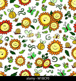 Vektor bunte Sonnenblumen und Bienen wiederholen Muster mit weißem Hintergrund. Geeignet für Geschenkpapier, Textil und Tapeten. Stock Vektor