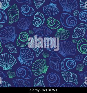 Vektor blaue Muschelschalen wiederholen Muster. Geeignet für Geschenkpapier, Textil und Tapeten. Stock Vektor
