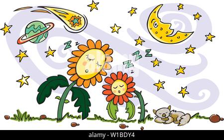 Bunte vektor Zeichnung. Cute sleeping sun Blumen, Cat, Halbmond, Planeten, Kometen und Sternschnuppen Elemente. Ruhig gute Nacht und Raum Thema. Stock Vektor