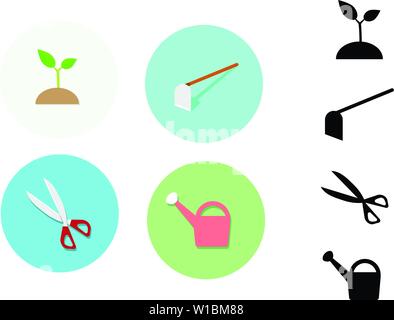 Symbol für die Gartenarbeit. Pflanze, Hacke, Schere, Bewässerung. Vektor Stock Vektor