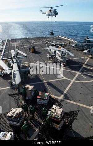 190616-N-DX 072-1182 CORAL SEA (16. Juni 2019) Matrosen an Bord des amphibious Transport dock Schiff USS Green Bay (LPD 20) entlädt Paletten als SA-330 J Puma Helikopter, zugeordnet zu den Dry Cargo und Munition ship USNS Richard E. Byrd (T-AKE 4), Transporte Fracht auf dem Flugdeck während einer Auffüllung-auf-See. Green Bay, Teil der Wasp amphibischen bereit, Gruppe, mit Eingeschifft 31 MEU, arbeitet in der indopazifischen Region Interoperabilität mit Partnern zu verbessern und dienen als ready-Response Force für jede Art von Kontingenz. (U.S. Marine Foto von Mass Communication Specialist 2. Klasse Anai Stockfoto