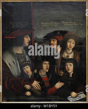 Maximiliano I (1459-1519). Archiduque de Austria y Emperador de Alemania (1443-1519). El Emperador Maximiliano y su Familia. Óleo sobre Tabla, 73 x 60 cm. Obra de Bernhard Strigel (1460-1528). En se aparecen Maximiliano, Felipe el Hermoso, María de Borgoña, Fernando I, Carlos V y Leonor. Real Academia de Bellas Artes de San Fernando. Madrid. España. Stockfoto