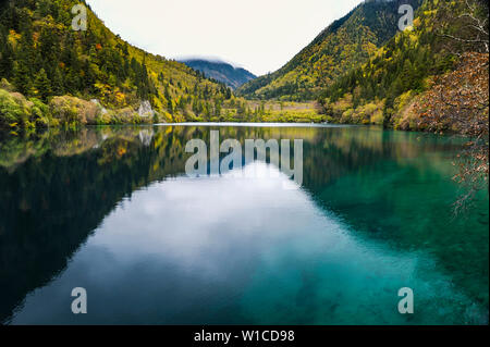 Schöne Spiegel See im Herbst in Jiuzhaigou, Sichuan vor dem verheerenden Erdbeben 2017. Stockfoto