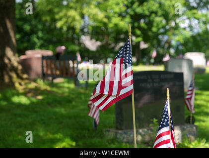 Kleine amerikanische Flaggen zu Ehren eines Veteranen Rastplatz mit einer Person sitzen unter einem schattigen Baum an einem schönen Frühlingstag. Stockfoto