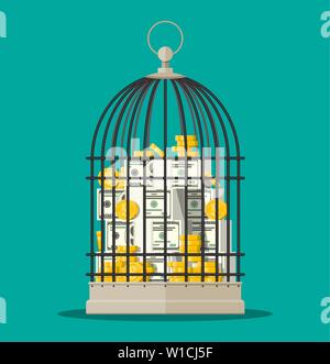 Vogelkäfig voller Gold Münzen und Banknoten. Stock Vektor