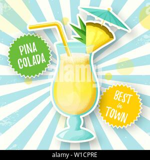 Banner mit Pina Colada Cocktail. Vector Illustration. Glas alkoholisches Getränk mit ananasscheibe, Stroh und Sonnenschirm auf Retro burst Hintergrund. Stock Vektor