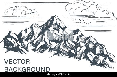 Felsen vektor Skizze. Die Spitzen der Berge am Horizont. Freehand Illustration. Schwarz-weiß-Bild auf weißem Hintergrund mit Raum isoliert Stock Vektor