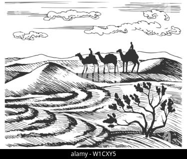 Vektor Skizze der Karawane. Kamele sind auf der Wüste inmitten der Dünen. Silhouetten von Tieren am Horizont. Stock Vektor