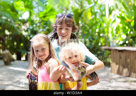 Kinder Holding python Schlange in Tropical Zoo. Kinder beobachten exotische Reptil. Jungen und Mädchen mit Schlangen auf Klassenfahrt Park zu Safari. Mutige Kind learnin Stockfoto