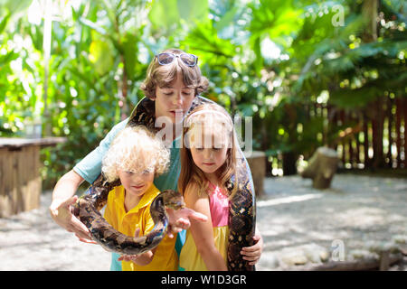 Kinder Holding python Schlange in Tropical Zoo. Kinder beobachten exotische Reptil. Jungen und Mädchen mit Schlangen auf Klassenfahrt Park zu Safari. Mutige Kind learnin Stockfoto