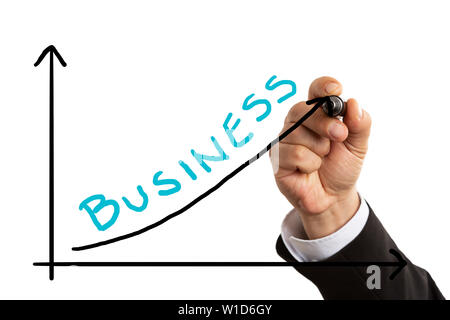 Mann mit Anzug, wachsende Pfeil auf Graphen mit blauen Business studio Text auf weißem Hintergrund Stockfoto