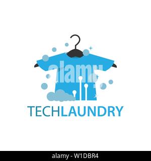 Tech Wäscheservice Symbol Logo Design Element. Kleiderbügel mit Tuch Stromkreis vektor design Stock Vektor