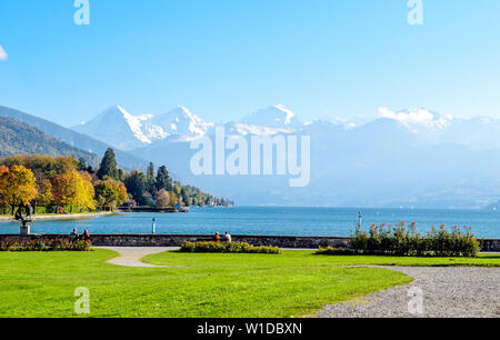 Super Postkarten-blick auf Thuner See (Thunersee, Thuner sehen), Alpen Berge Eiger, Jungfrau, Mönch (Moench, Mönch). Thun, Kanton Bern, Schweiz. Stockfoto