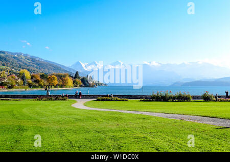 Super Postkarten-blick auf Thuner See (Thunersee, Thuner sehen), Alpen Berge Eiger, Jungfrau, Mönch (Moench, Mönch). Thun, Kanton Bern, Schweiz. Stockfoto