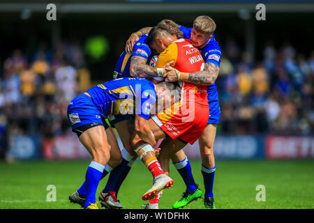 30. Juni 2019, Emerald Headingley Stadium, England; Betfred Super League, Runde 20, Leeds Rhinos vs Katalanen Drachen; Nashörner verteidigen in Zahlen Quelle: Craig Milner/News Bilder Stockfoto