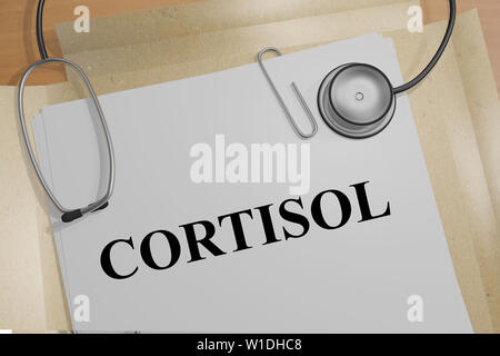 3D-Darstellung von Cortisol Titel auf ein medizinisches Dokument Stockfoto