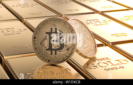 Gold bitcoin Münzen auf Ingots. Konzept der cryptocurrency und Geld. 3D-Bild rendern Stockfoto