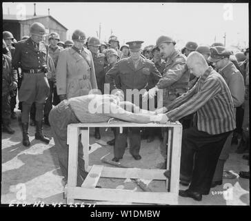 General Dwight D. Eisenhower Uhren grimmig während Insassen eines deutschen Konzentrationslager in Gotha zeigen, wie Sie durch die von den Nazis Sadisten, die das Camp gefoltert wurden. Generäle Bradley und Patton sind zu seiner Rechten. Deutschland; Umfang und Inhalt: Auf den Seiten 275 und 276 des Buches General Patton's, Krieg als ich wusste es, Patton beschreibt die Ereignisse, die bis zu und einschließlich der in diesem Foto abgebildet. Er erklärt, dass er, Eisenhower und Bradley, später erfuhr, dass die Person im gestreiften Hemd, Demonstration der Folter, war tatsächlich einer der Camp Henker. Patton stellt fest, dass dieser Mann w Stockfoto