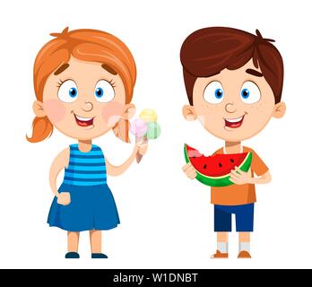 Junge und Mädchen Zeichentrickfiguren, zwei Haltungen. Niedlich lustig Kinder mit Eis und mit Wassermelone. Spaß-Konzept. Glückliches Kind. Bunte Vektor krank Stock Vektor