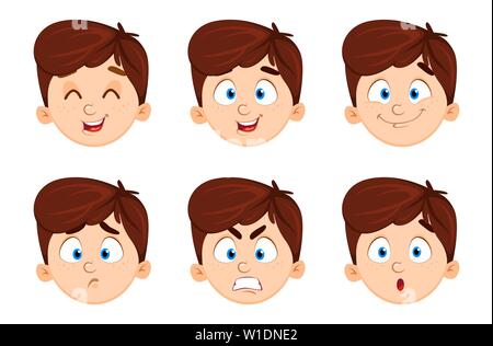 Gesichtsausdruck von süßen Jungen. Satz von sechs Emotionen eines Kindes. Vector Illustration auf weißem Hintergrund Stock Vektor