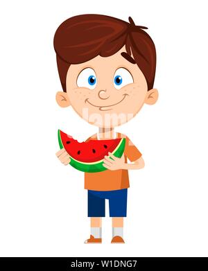 Junge cartoon Charakter. Cute funny Kind essen Wassermelone. Spaß-Konzept. Glückliches Kind. Bunte vektor Illustration. Stock Vektor