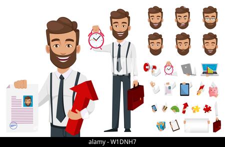 Business mann Cartoon Character Creation eingestellt. Gut aussehender Geschäftsmann. Ihr persönliches Design gestalten. Pack der Dinge, Gefühle und Körperteilen. Vektor illustra Stock Vektor