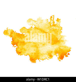 Aquarell orange spot mit Spritzer und Flecken. Isolierte orange Fleck auf einem weißen Hintergrund. Helle Fleck von Hand gezeichnet. Stockfoto