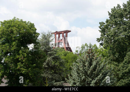 Essen, Deutschland. 01. Juli, 2019. Funktion, Symbolfoto, Randmotiv, den Foerderturm der Zeche Zollverein hinter Baeumen, "Welterbe Zollverein, Ruhr Konferenz, Thema Forum' Potential der Metropolregion für Gesundheit und Pflege" in der Sanaa-Gebäude auf dem Gelände des Welterbe Zollverein in Essen, 01.07.2019. | Verwendung der weltweiten Kredit: dpa/Alamy leben Nachrichten Stockfoto